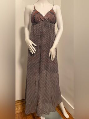Vintage Gypsy 05 Boho Spaghetti- Strap Maxi Dress in Taupe and Rust XS
